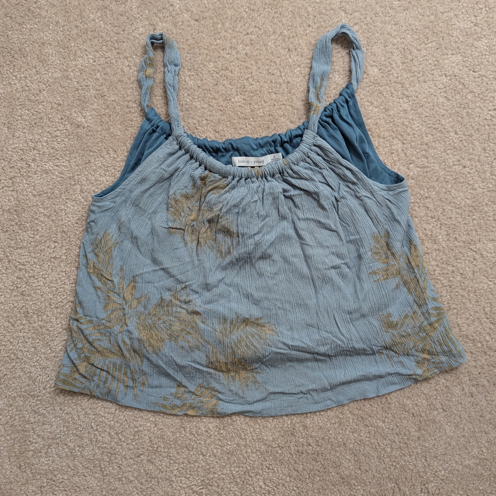 bishop + young Dusty Blue Camisole with Gold Leaf Print